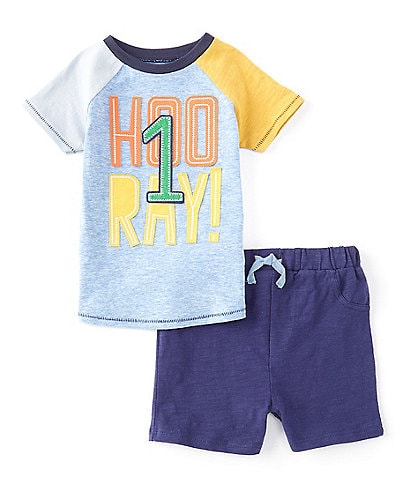 Mud Pie Baby Boys 12-18 Months Raglan Short-Sleeve Hooray "1" Applique Speckle Tee & Shorts Set