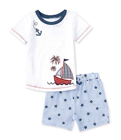 Mud Pie Baby Boys 12-18 Months Short Sleeve Embroidered Fireworks Sailboat-Applique T-Shirt & Star Embroidered Shorts Set