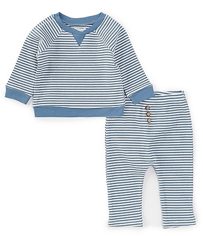 Mud Pie Baby Boys 3-12 Months Long Sleeve Striped Waffle-Weave T-Shirt & Matching Pant Set