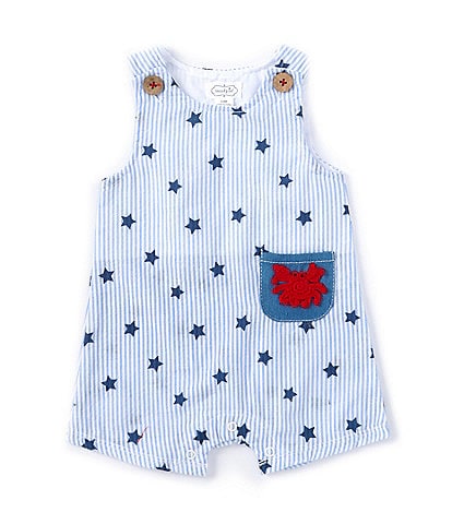 Mud Pie Baby Boys 3-12 Months Sleeveles Crocheted-Crab-Pocket Dotted Shortall