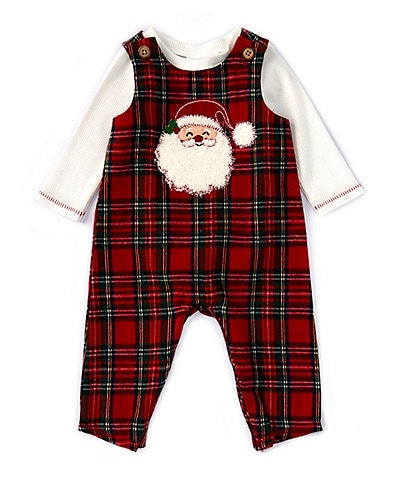 Mud Pie Baby Boys 3-18 Months Sleeveless Tartan-Plaid Santa Face-Applique Wool-Blend Overall & Solid Waffle-Weave T-Shirt Set