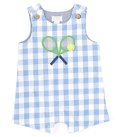 Mud Pie Baby Boys 3-18 Months Sleeveless Tennis-Themed-Applique Checked Shortall