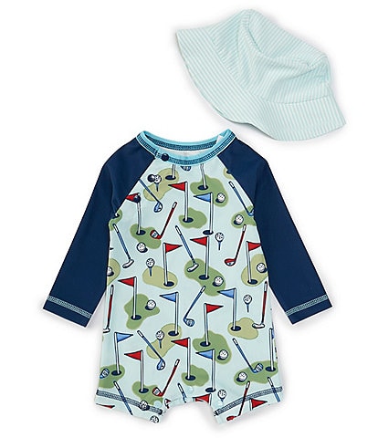 Mud Pie Baby Boys Newborn-12 Months Raglan-Sleeve Solid/Golf-Theme-Printed One-Piece Rashguard Swimsuit