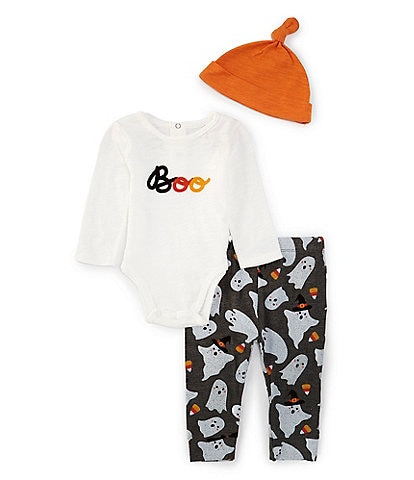 Mud Pie Baby Boys Newborn-9 Months Long-Sleeve "Boo" Halloween Slub Bodysuit & Glow-In-The-Dark Printed Knit Pant Set