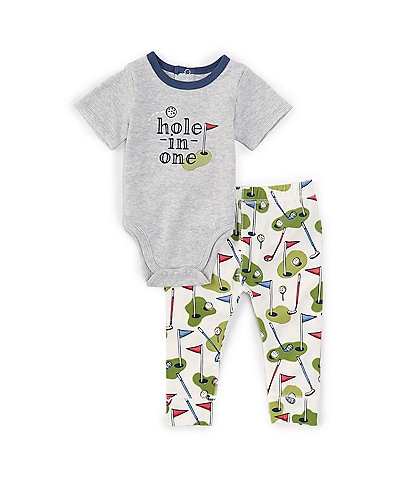 Mud Pie Baby Boys Newborn-9 Months Short-Sleeve Hole In One Bodysuit & Golf-Themed-Printed Pant Set
