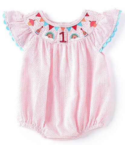 Mud Pie Baby Girls 12-18 Months Flutter-Sleeve 1st Birthday Embroidered Smocked Seersucker Stripe Bodysuit