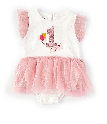 Mud Pie Baby Girls 12-18 Months Flutter-Sleeve Printed 1st Birthday Tutu Bodysuit