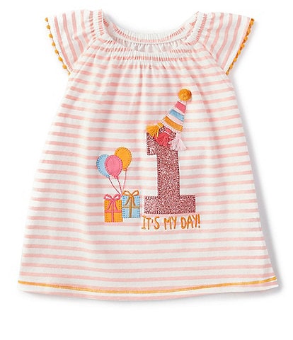 Mud Pie Baby Girls 12-18 Months Pom Flutter-Sleeve 1st Birthday Striped Tunic Top