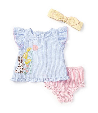Mud Pie Baby Girls 3-12 Months Floral Bunny Seersucker Pinafore Top & Coordinating Panty Set