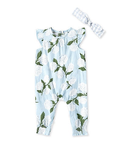 Mud Pie Baby Girls 3-12 Months Short-Sleeve Hydrangea-Printed Gauze Coverall