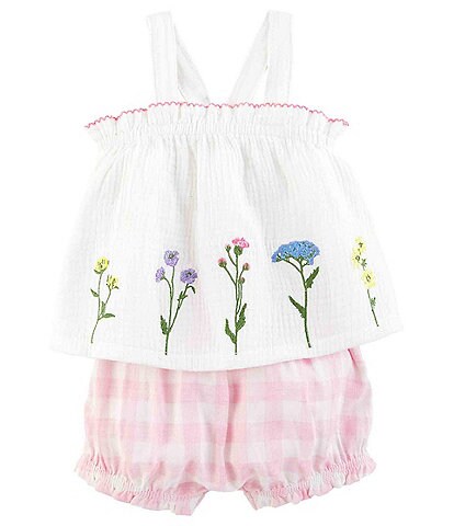 Mud Pie Baby Girls 3-12 Months Sleeveless Floral-Embroidered Pinafore Top & Gingham-Printed Bloomer Set