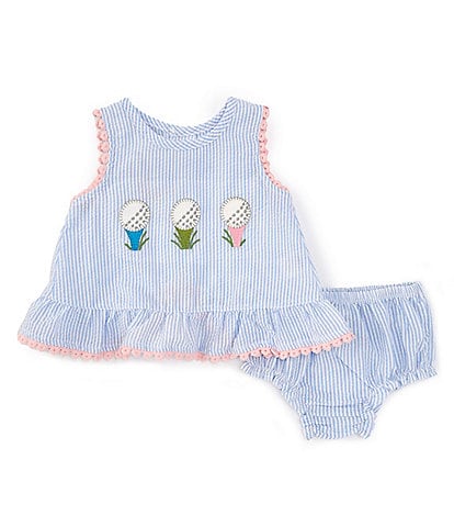 Mud Pie Baby Girls 3-12 Months Sleeveless Golf-Applique Crocheted-Trim Pinafore Dress & Bloomer Set