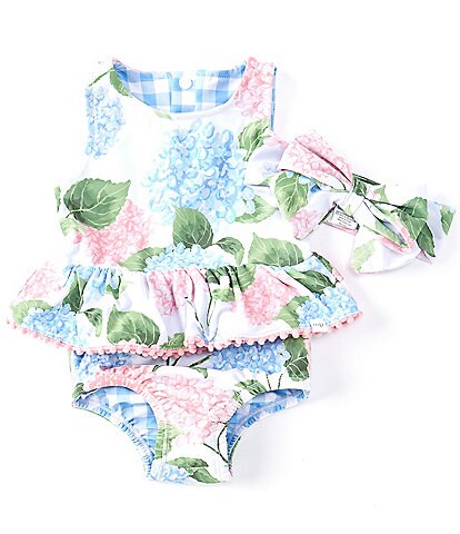Mud Pie Baby Girls 3-18 Months Hydrangea/Gingham Reversible Two-Piece Swimsuit & Headband Set