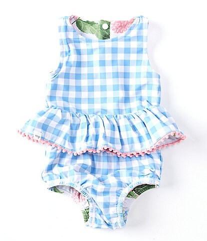 Mud Pie Baby Girls 3-18 Months Hydrangea/Gingham Reversible Two-Piece Swimsuit & Headband Set