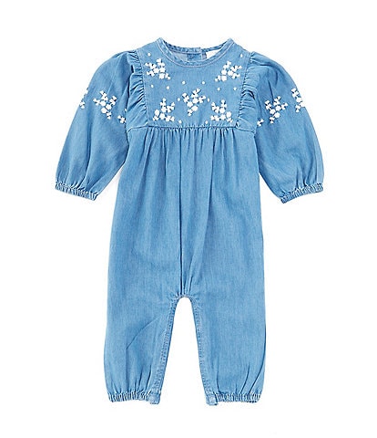 Mud Pie Baby Girls 3-9 Months Long-Sleeve Floral-Embroidered Denim Coverall