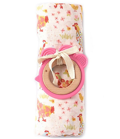 Mud Pie Baby Girls Chicken Floral Printed Swaddle Blanket & Teething Ring 2-Piece Set