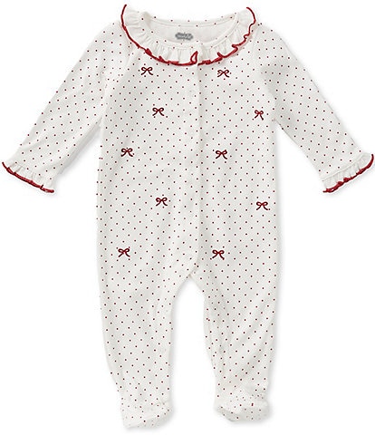 Mud Pie Baby Girls Long-Sleeve Pindotted/Bow-Embroidered Footed Coverall