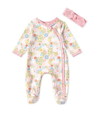 Mud Pie Baby Girls Newborn-9 Months Long-Sleeve Floral/Bunny-Printed Footed Coverall