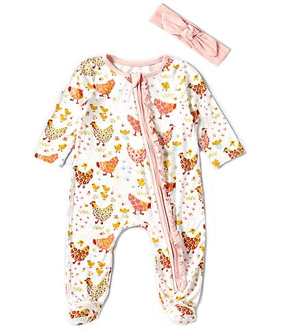 Mud Pie Baby Girls Newborn-9 Months Long-Sleeve Floral/Chicken-Printed Footed Coverall
