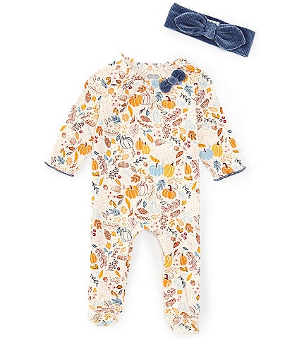 Mud Pie Baby Girls Newborn-9 Months Long-Sleeve Floral/Pumpkin-Printed Footie Coverall