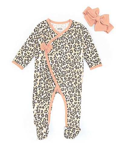 Mud Pie Baby Girls Newborn-9 Months Long-Sleeve Leopard-Printed Footed Kimono Interlock Sleeper