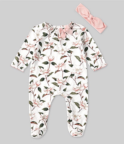 Mud Pie Baby Girls Newborn-9 Months Long-Sleeve Magnolia-Printed Footed Coverall