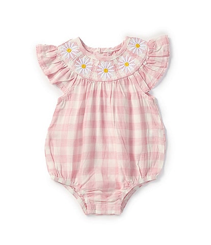 Mud Pie Baby Girls Newborn-9 Months Short-Sleeve Gingham-Printed Daisy-Embroidered Bubble Romper