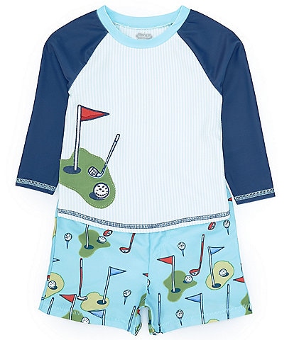 Mud Pie Baby/Little Boys 6 Months-5T Raglan Sleeve Golf Theme Seersucker Rashguard T-Shirt & Golf-Theme Printed Swim Trunks Set