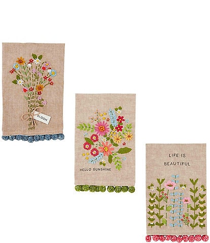 Mud Pie Botanica Floral Embroidery Pom Hand Towels, Set of 3
