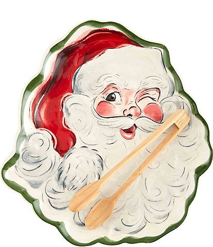 Mud Pie Classic Christmas Vintage Santa Cookie Plate and Tong Set