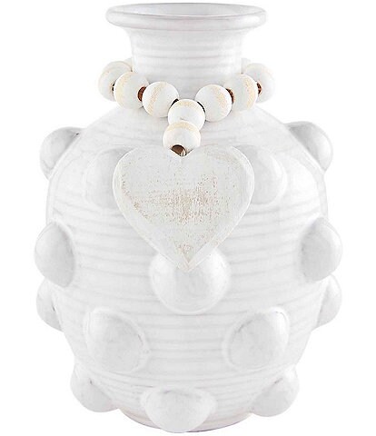 Mud Pie Classic Home Collection White Etched Bead Decor with Heart Pendant Glazed Vase