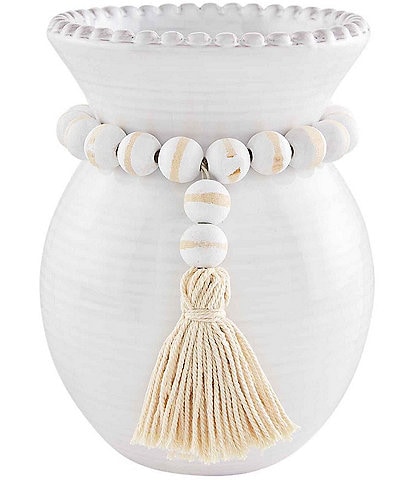 Mud Pie Classic Home Collection White Etched Bead with Decor Tassel Glazed Vase