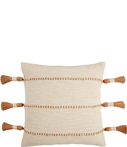 Mud Pie Farmhouse Collection Textured Jute Striped Tasseled Square Pillow