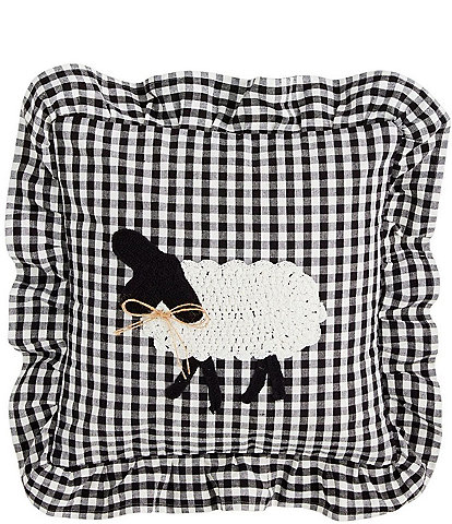 Mud Pie Gingham Crochet Sheep Ruffle Square Pillow