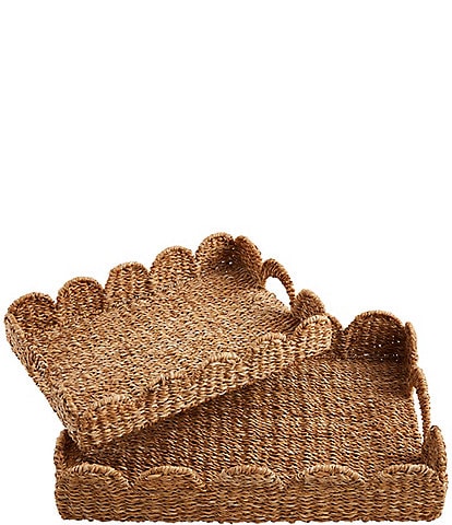 Mud Pie Happy Everything Woven Seagrass Nested Scalloped Edge Handled Tray Set
