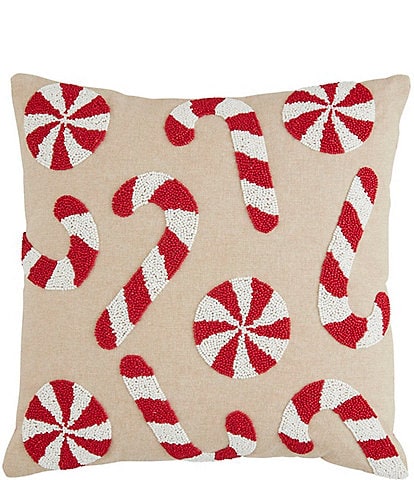 Mud Pie Holiday Collection Candy Cane Beaded Square Pillow