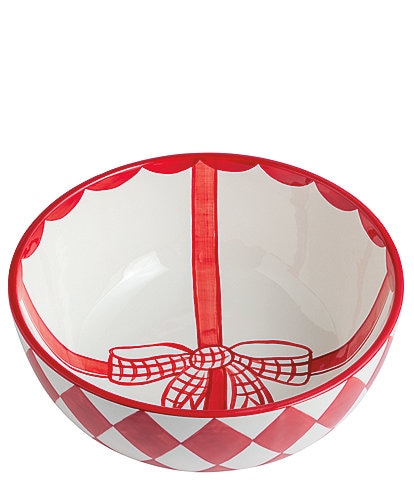 Mud Pie Holly Christmas Ceramic Check Bow Bowl