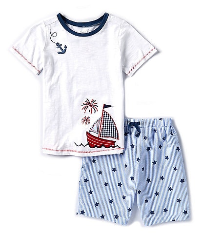 Mud Pie Little Boys 2T-5 Short Sleeve Embroidered Sailboat Applique T-Shirt & Anchor Embroidered Shorts Set