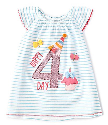 Mud Pie Little Girls 4T Flutter-Sleeve 4th Birthday Striped Tunic Top