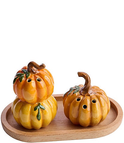 Mud Pie Pumpkin Stack Salt And Pepper Set With Wood Tray