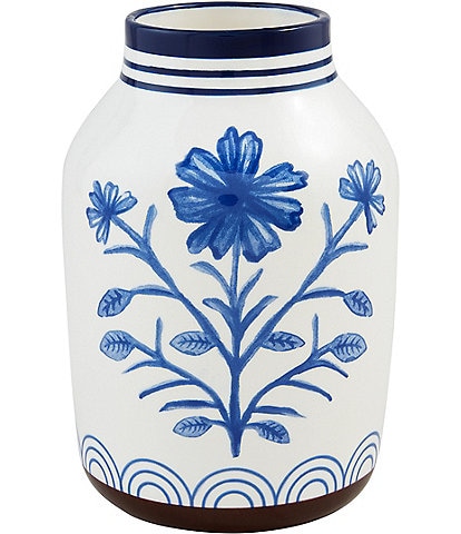 Mud Pie Valencia Collection Hand Painted Blue Floral Motif Large Decor Vase