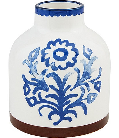 Mud Pie Valencia Collection Hand Painted Blue Floral Motif Small Decor Vase