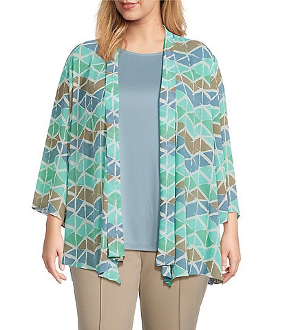 Multiple Plus Size Georgette Printed 3/4 Sleeve Drapey Open-Front Jacket