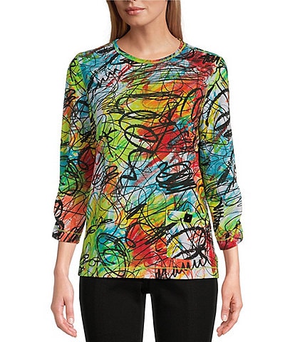 Multiples Abstract Print Slub Knit Round Neck 3/4 Bungee Sleeve Front Pocket Top
