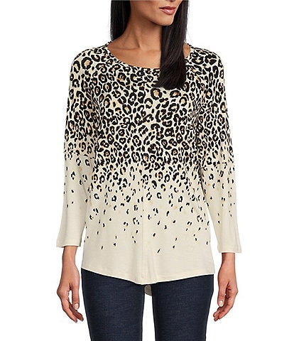 Multiples Animal Print Round Neck 3/4 Raglan Sleeve French Terry Knit Top