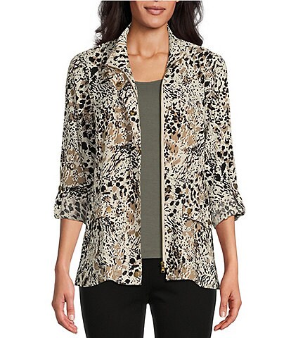 Multiples Animal Print Stand Collar Long Roll-Tab Sleeve Snap-Front Jacket