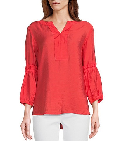 Multiples Band Solid Crinkle Woven Y-Neck Smocked Detail 3/4 Sleeve Blouse