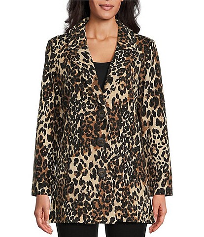 Multiples Cheetah Print Notch Lapel Collar Long Sleeve 3-Button Front Jacket