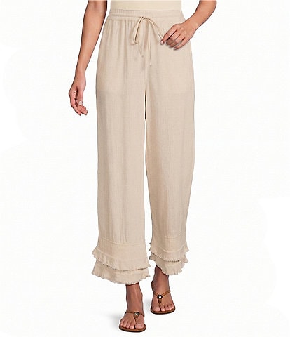 Multiples Coordinating Textured Slub Elastic Drawstring Double Fringe Flounce Hem Cropped Pants
