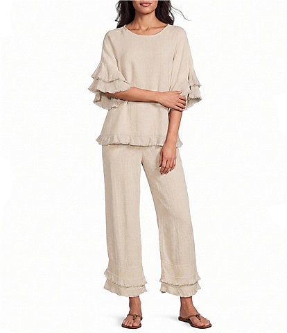 Multiples Coordinating Textured Slub Elastic Drawstring Double Fringe Flounce Hem Cropped Pants